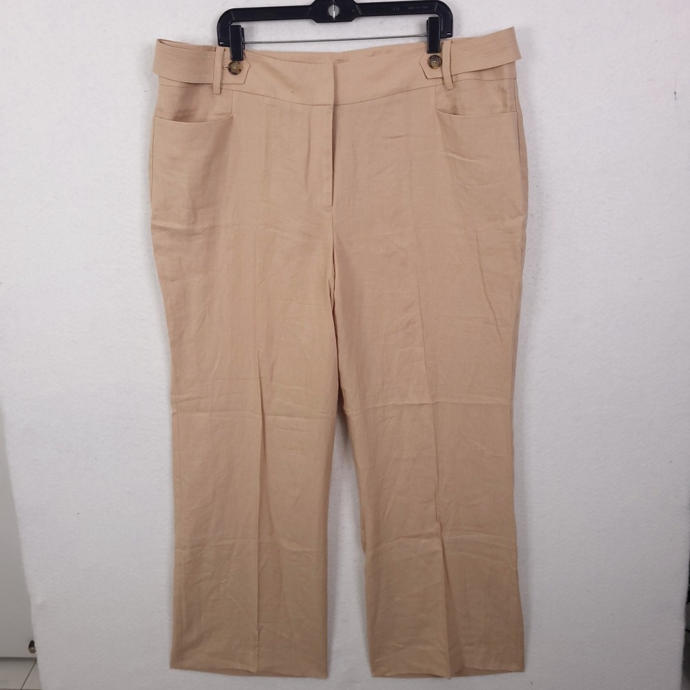 Talbots Linen Trousers Pants 18W Tan Wide Leg Button Tab Career Summer 42x31